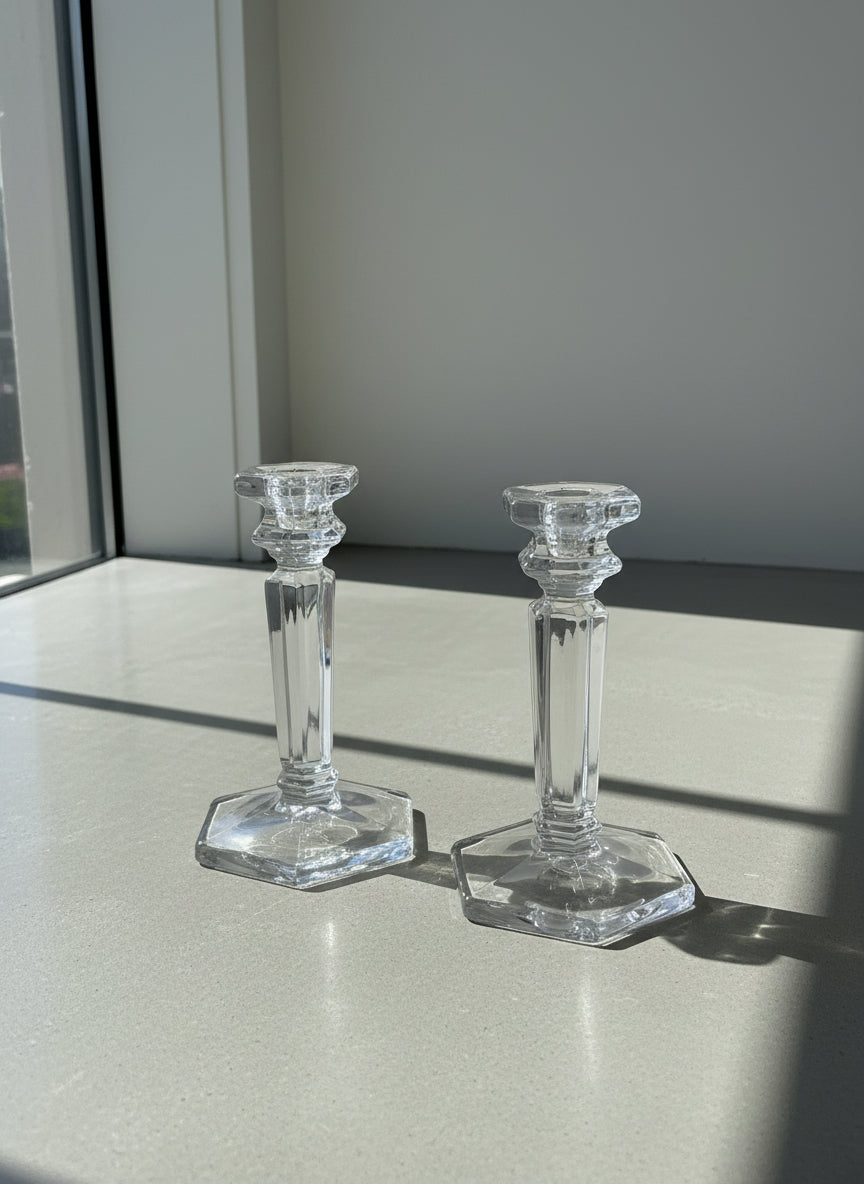 Vintage Clear Pressed Glass Hexagonal Candlestick Pair – Faceted Column Design