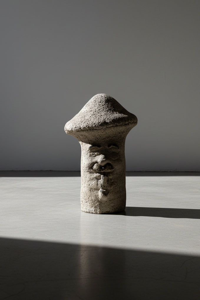 Vintage Concrete Mushroom Face Garden Statue with Rustic Weathered Patina