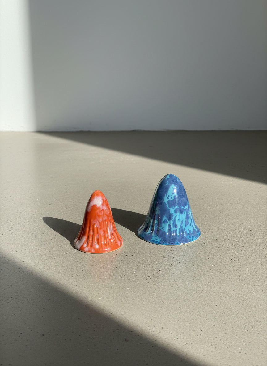 Vintage Drip Glaze Art Pottery Mushroom Form Set in Blue and Orange