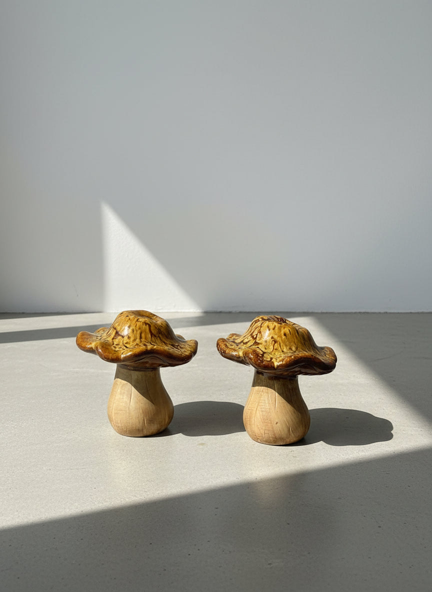 Vintage Drip Glaze Ceramic Mushroom Figurine Set – Woodland Boho Brown Décor
