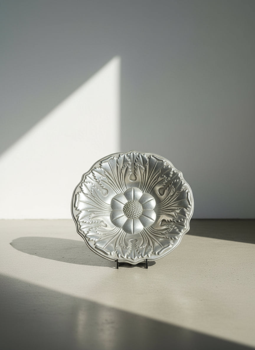 Vintage Embossed Pewter Floral Centerpiece Bowl – Heavy Pressed Metal Decorative Dish with Scalloped Rim