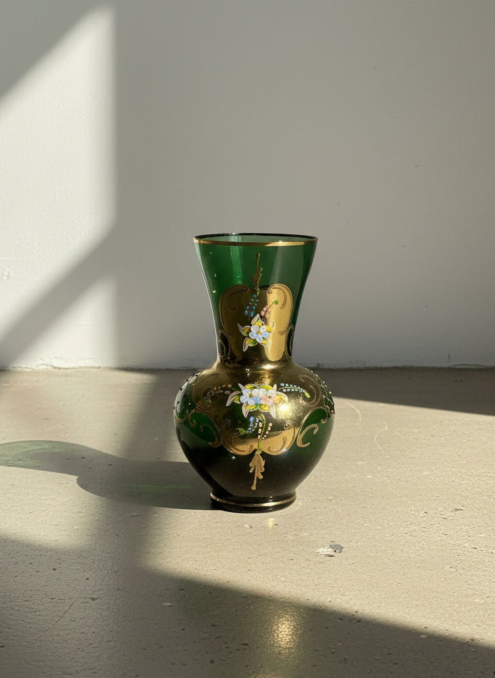 Vintage Italian Emerald Green Bohemian-Style Enamel & Gold Vase