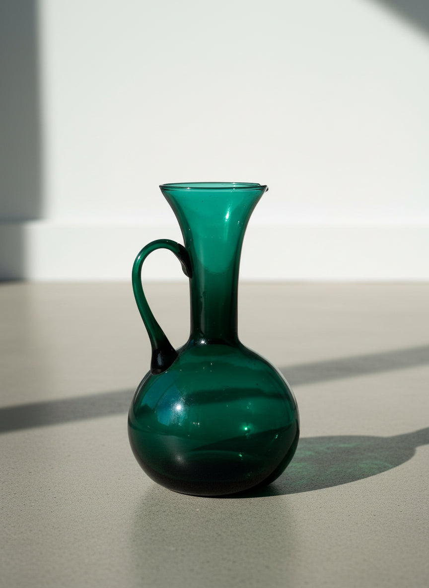 Vintage Emerald Green Hand-Blown Glass Vase with Applied Handle