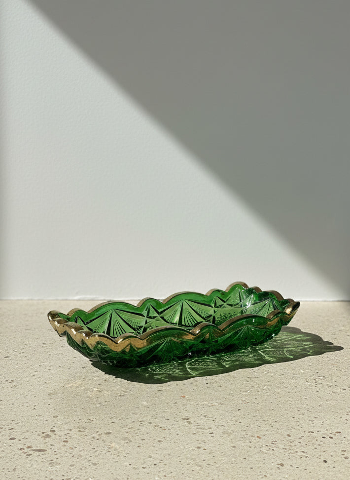 1950s Anchor Hocking Green Pressed Glass Rectangular Relish / Celery Dish with Scalloped Rim