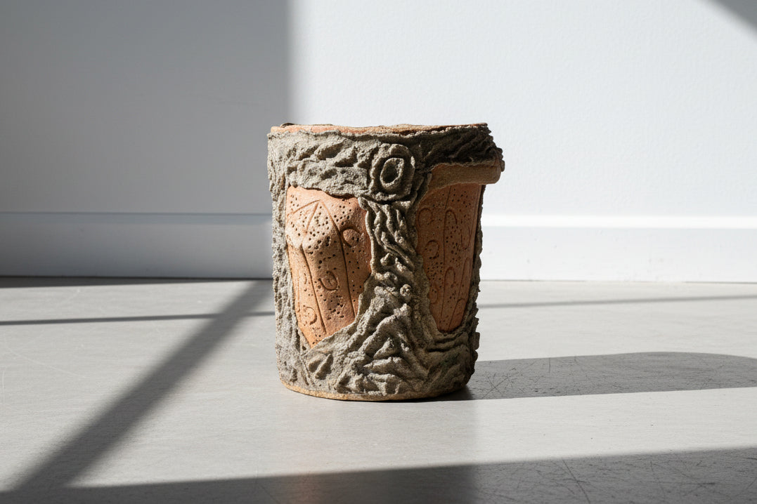 Vintage Faux Bois Pottery Planter with Sculptural Incised Terracotta Panels