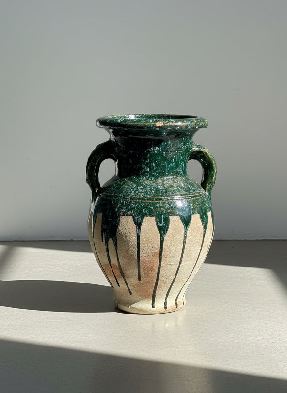 Vintage Glazed Terracotta Amphora Vase with Drip Glaze Detailing