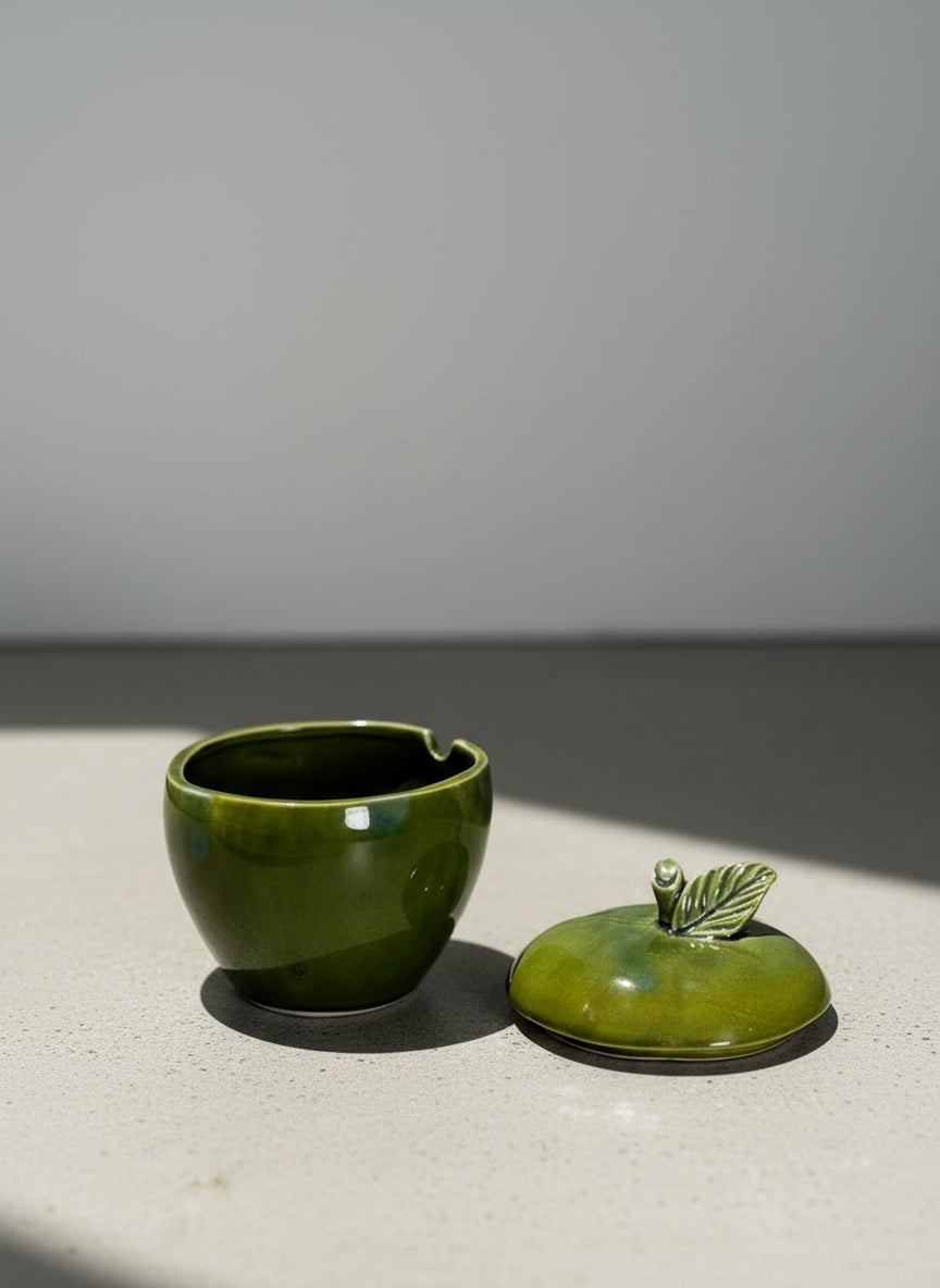 mid century green apple ceramic sugar bowl vintage Japan pottery