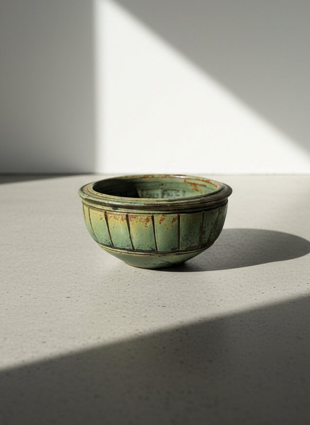 Vintage Green Glazed Terracotta Bowl with Incised Vertical Panel Design