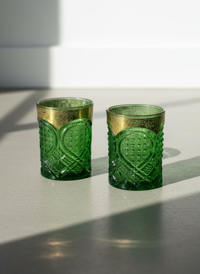 Vintage Green Pressed Glass Tumblers with Gold Rim – Set of 2