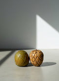 Vintage Hand-Carved Wooden Fruit Sculptures – Rustic Apple & Citrus Pair with Textured Crosshatch Carving