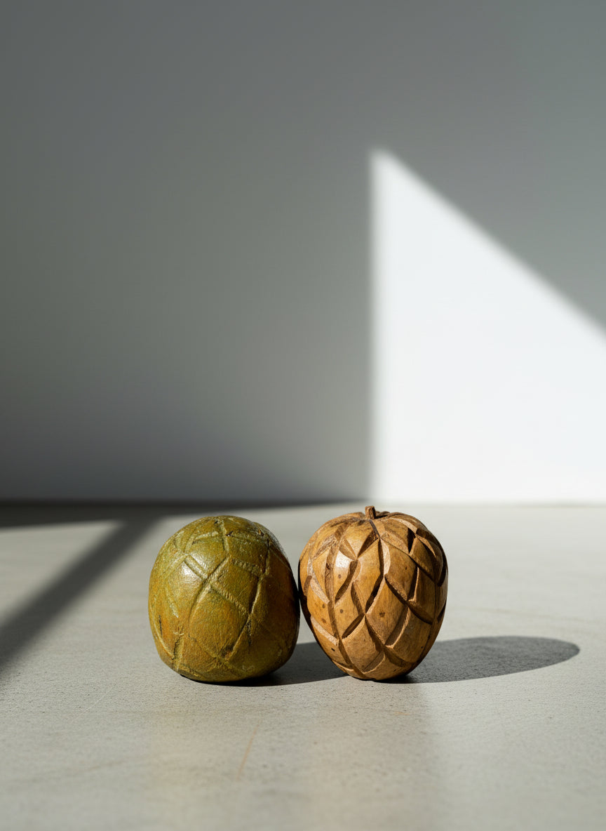 Vintage Hand-Carved Wooden Fruit Sculptures – Rustic Apple & Citrus Pair with Textured Crosshatch Carving