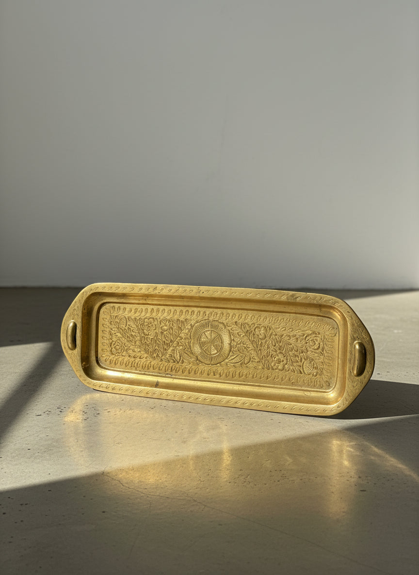 Vintage Hand-Hammered Brass Rectangular Floral Serving Tray with Side Handles