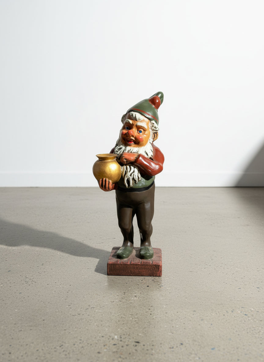 Vintage Hand-Painted Chalkware Gnome with Gold Pot Figurine on Wood-Style Base