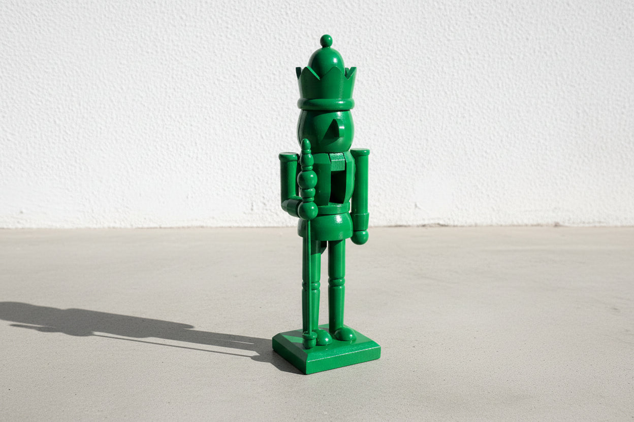 Vintage Monochrome Green Hand-Carved Wooden Nutcracker Guard with Crown and Staff, Folk Art Decorative Figure