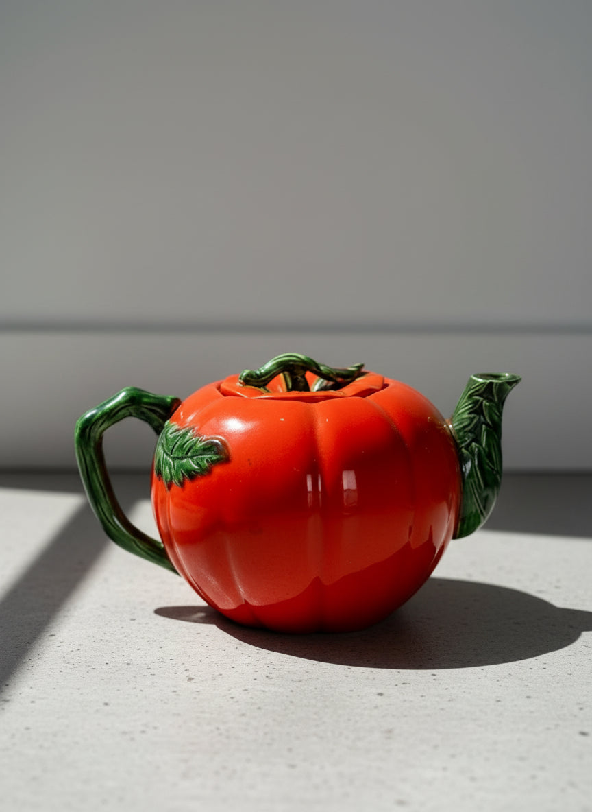 Vintage Japan Tomato Teapot with Sculpted Vine Handle & Lid – Hand-Painted Figural Ceramic