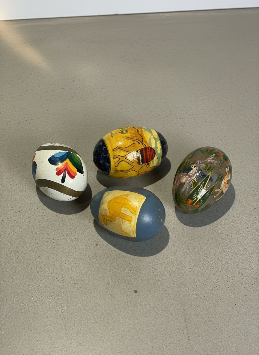 Vintage Hand-Painted Wooden Decorative Eggs – Set of 4 Folk Art Designs