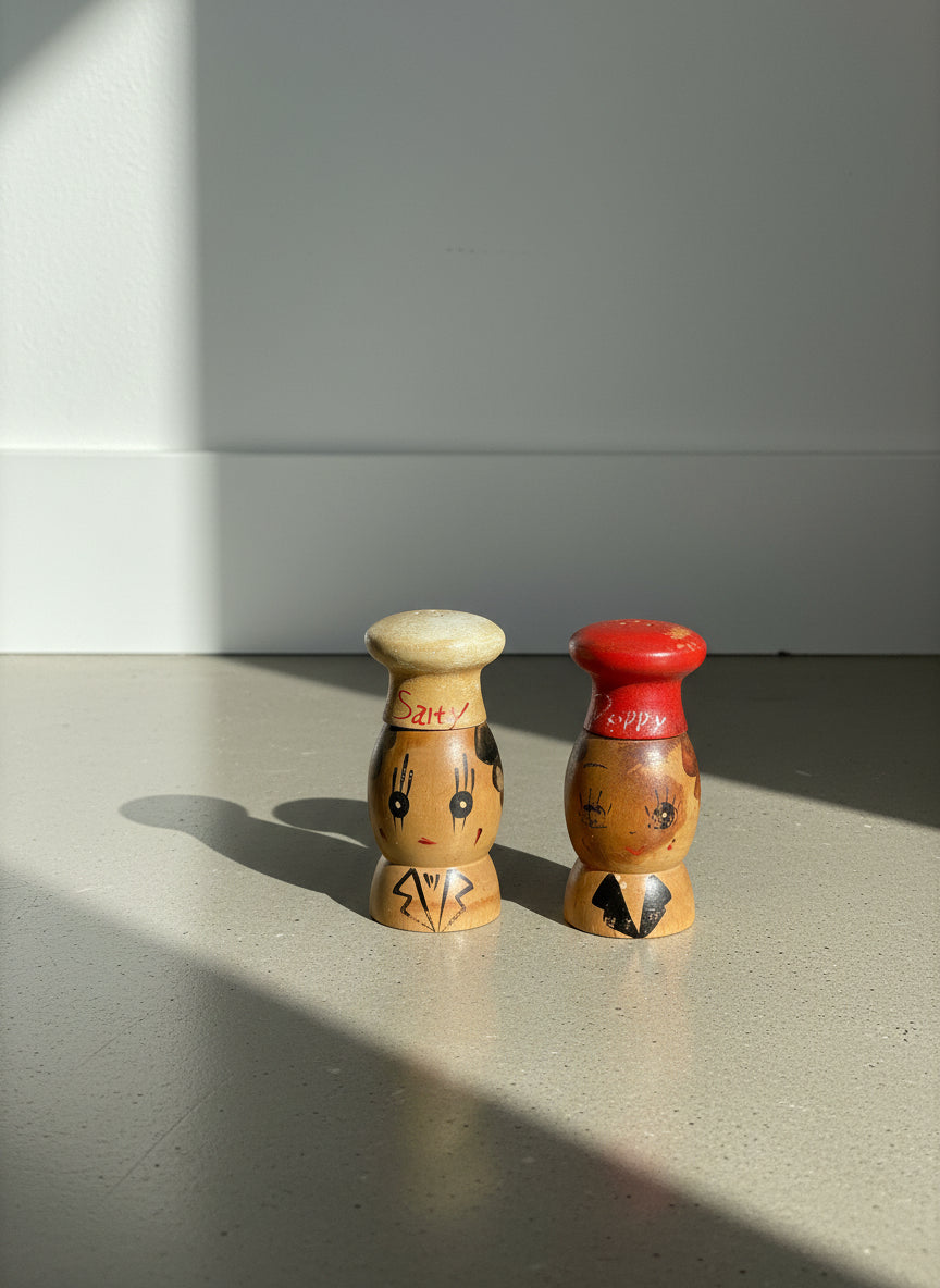 Vintage Hand-Painted Wooden “Salty & Pepper” Figurative Salt & Pepper Shaker Set