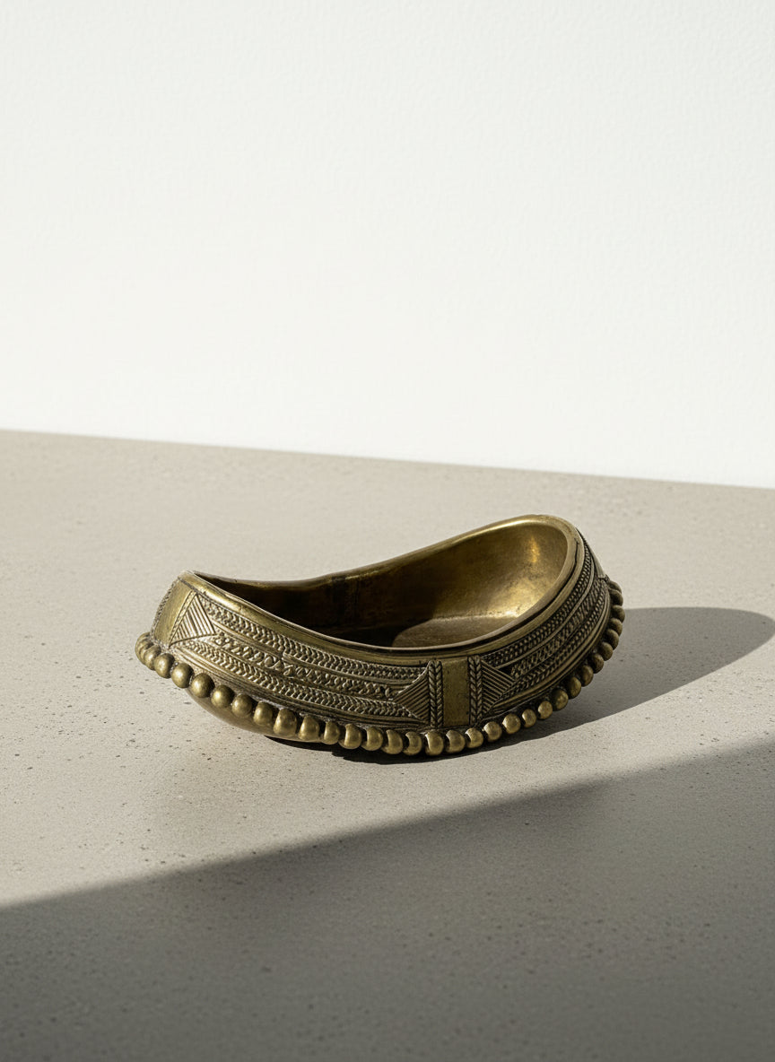 Vintage Hand-Tooled Brass Oval Bowl with Beaded Rim & Tribal Geometric Motifs