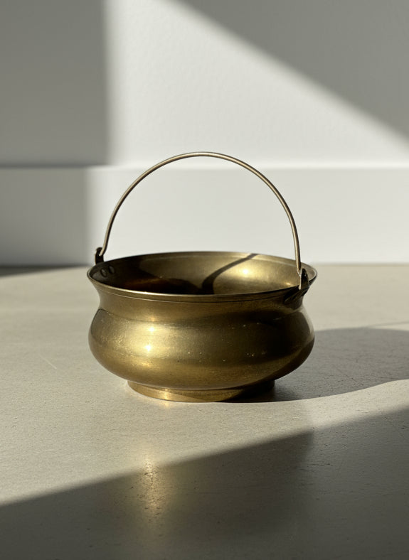 vintage brass bowl with swing handle rustic decor