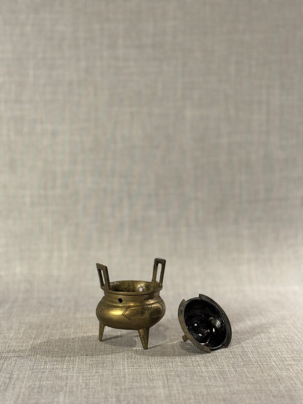 Vintage Handcrafted Brass Tripod Incense Burner with Lid and Etched Geometric Motifs