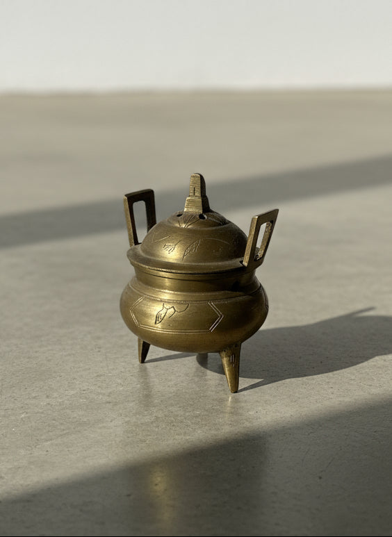 Vintage Handcrafted Brass Tripod Incense Burner with Lid and Etched Geometric Motifs
