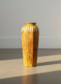 Vintage Handcrafted Ceramic Vase with Carved Feather Motif in Ochre and Burnt Umber Glaze