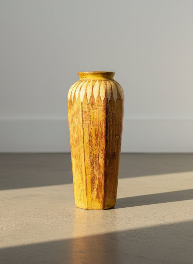 Vintage Handcrafted Ceramic Vase with Carved Feather Motif in Ochre and Burnt Umber Glaze