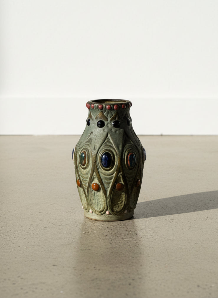 Artisan Stoneware Vase with Multicolor Cabochon Accents & Textured Organic Relief Design