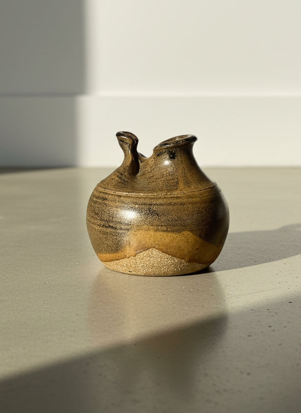 Vintage Handcrafted Studio Pottery Double-Spouted Vessel in Textured Earth-Toned Glaze