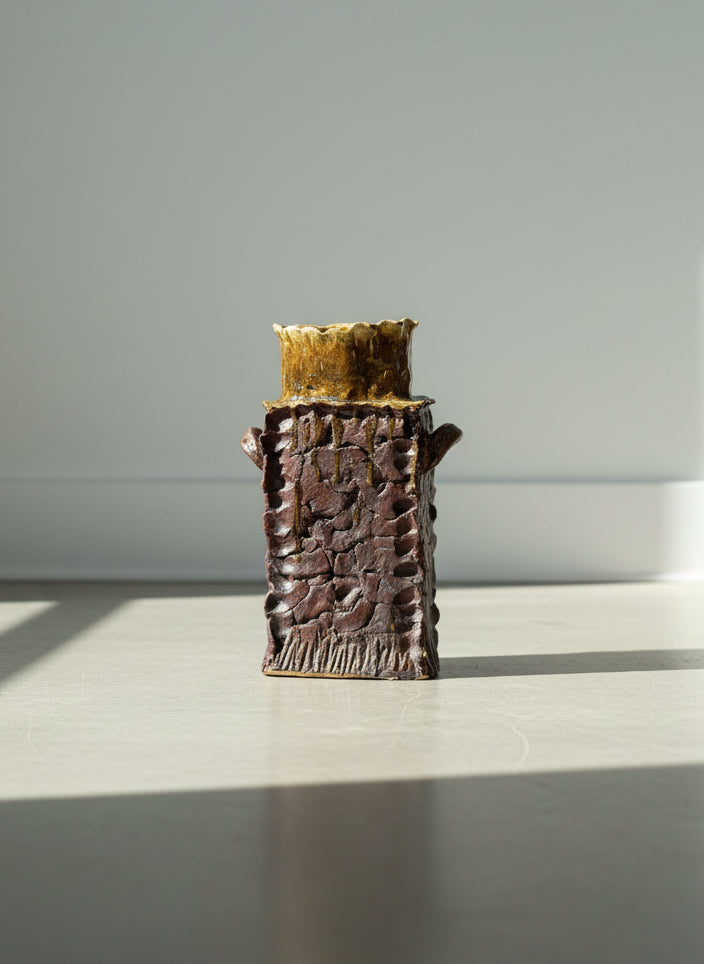 Vintage Handmade Signed Tall Square Shaped Ceramic Vase