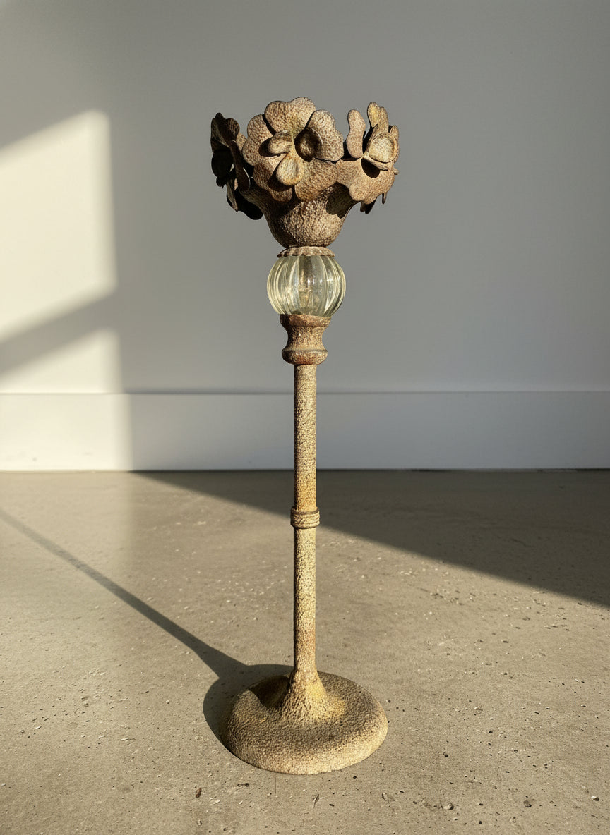 Vintage Iron and Glass Floral Pedestal Candle Holder – Rustic Botanical Centerpiece
