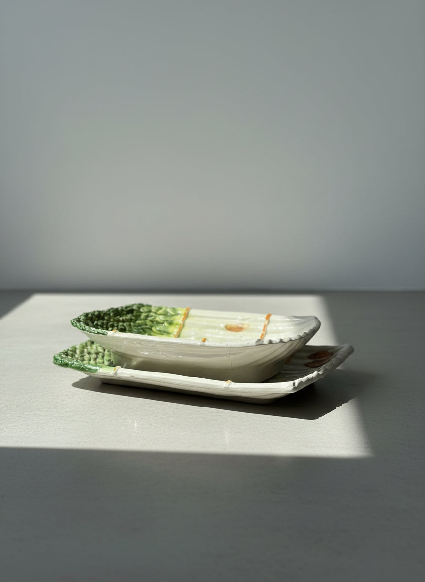 Vintage Majolica Asparagus Bundle Serving Platters – Hand-Painted Ceramic Set of Two, Mid-Century European Style