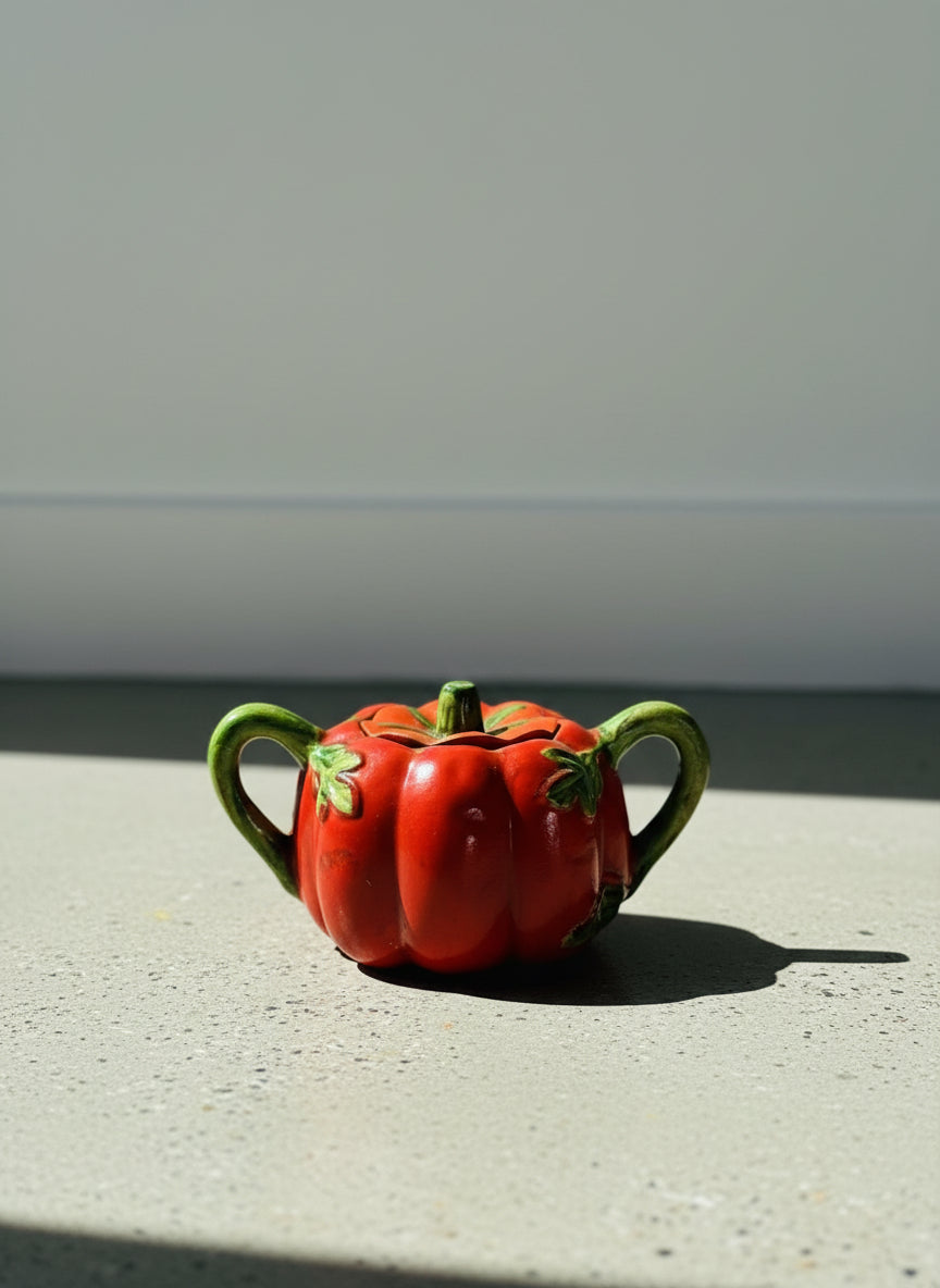Vintage Medium Hand-Painted Ceramic Tomato Sugar Bowl with Lid & Twin Vine Handles – Made in Japan