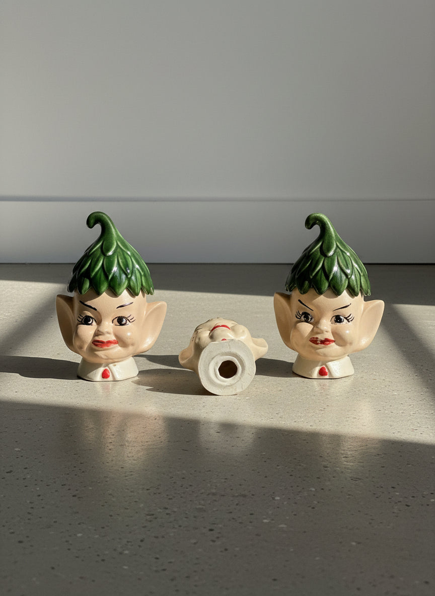 Vintage Mid-Century Ceramic Elf Head Spice Shaker Set – Whimsical Green Leaf Caps (Set of 3)