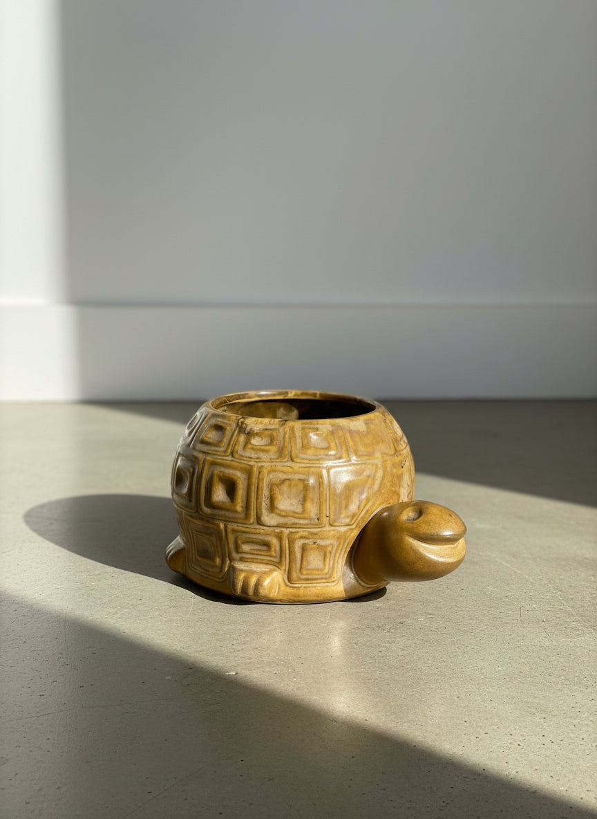 Mid-Century Glazed Ceramic Turtle Planter Pot – Handcrafted Earth-Tone Novelty Vessel
