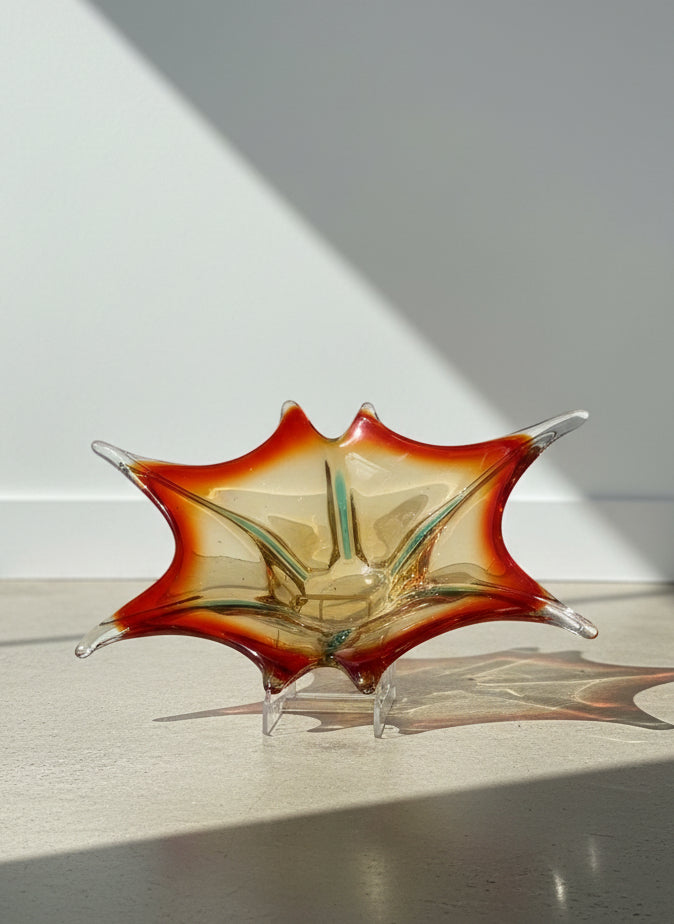 Vintage Mid-Century Murano-Style Art Glass Starburst Centerpiece Bowl — Amber, Red & Teal