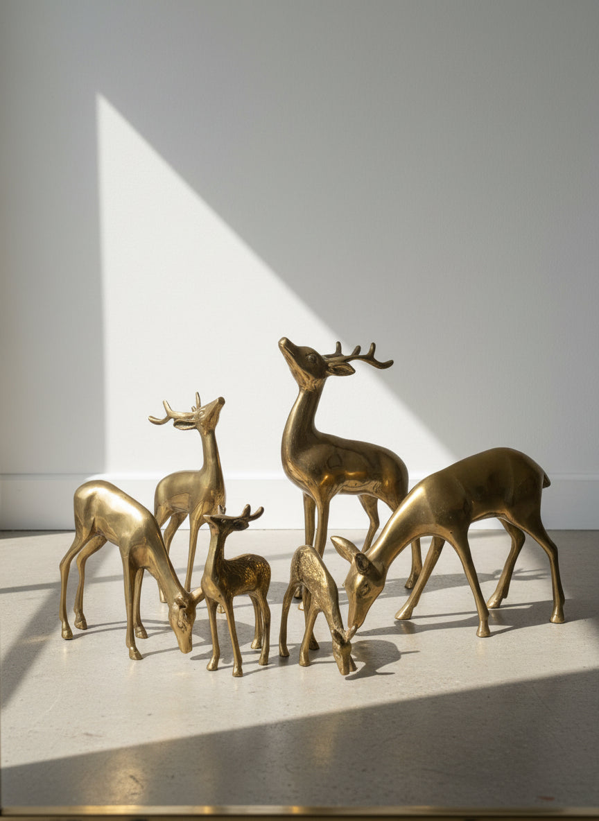 Vintage Mid-Century Solid Brass Deer Family Figurine Set – 6 Pieces