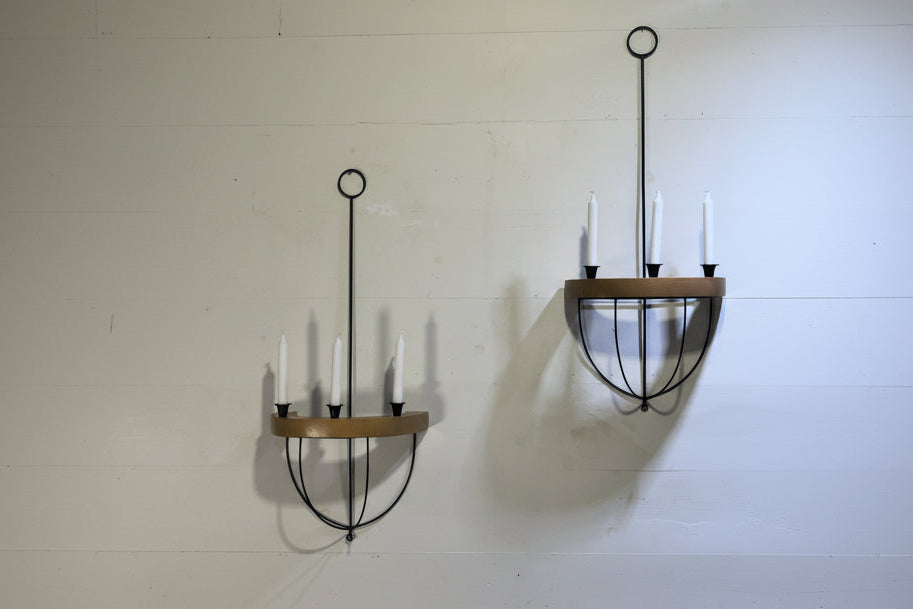 Vintage Mid-Century Style Black Iron & Wood Wall Candle Sconces – Sculptural Architectural Pair