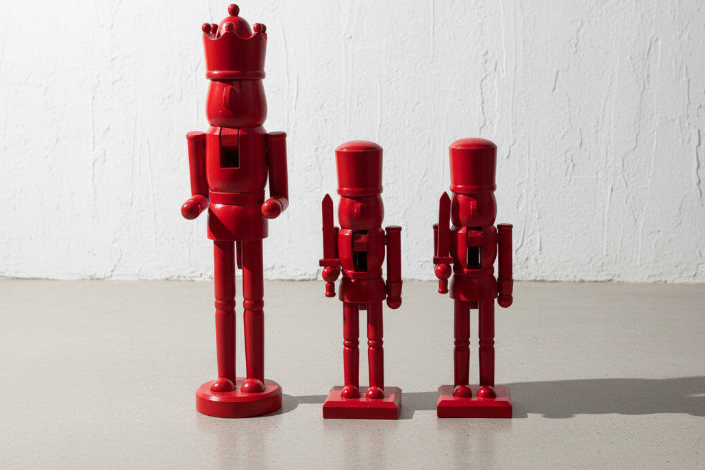 Vintage Hand-Carved Wooden Nutcracker Guard in Red with Crown and Staff (Set of 3)