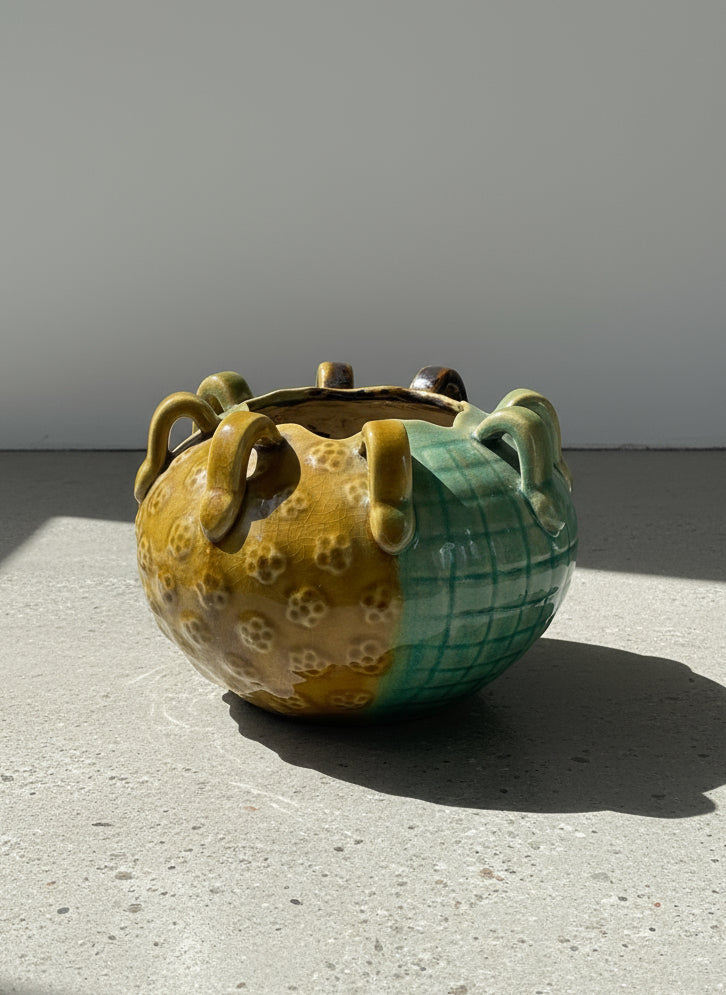 Vintage Multiglaze Studio Ceramic Vase with Multiple Loop Handles and Textured Surface