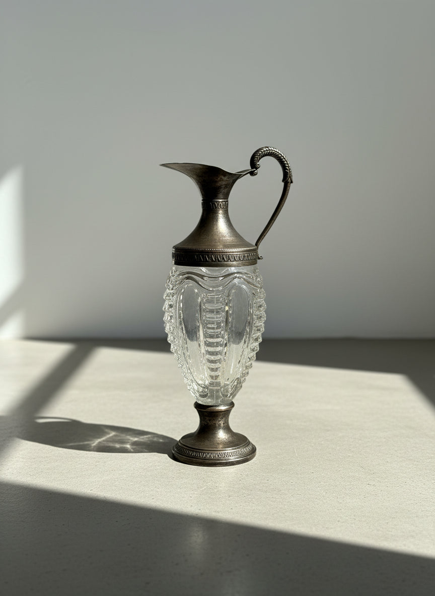 Vintage Murano Hand-Blown Cut Glass and Silver-Plated Claret Jug with Ornate Handle and Fluted Design