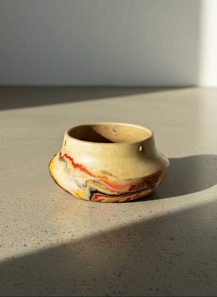 Vintage Nemadji Pottery Marbled Swirl Low Bowl Planter with Fiery Red & Amber Veining – USA Art Pottery