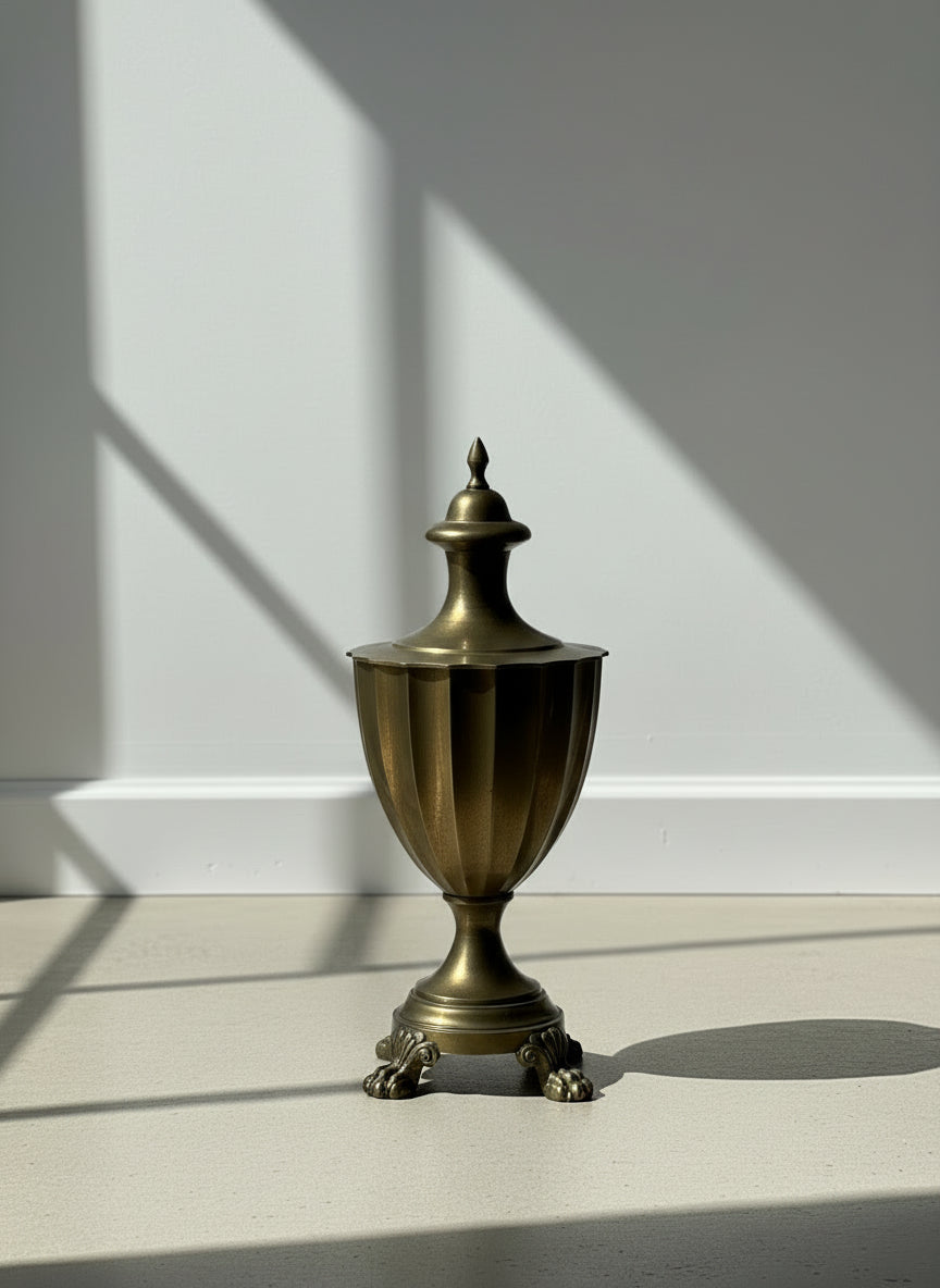 Vintage Neoclassical Brass Lidded Urn with Fluted Body and Paw Feet