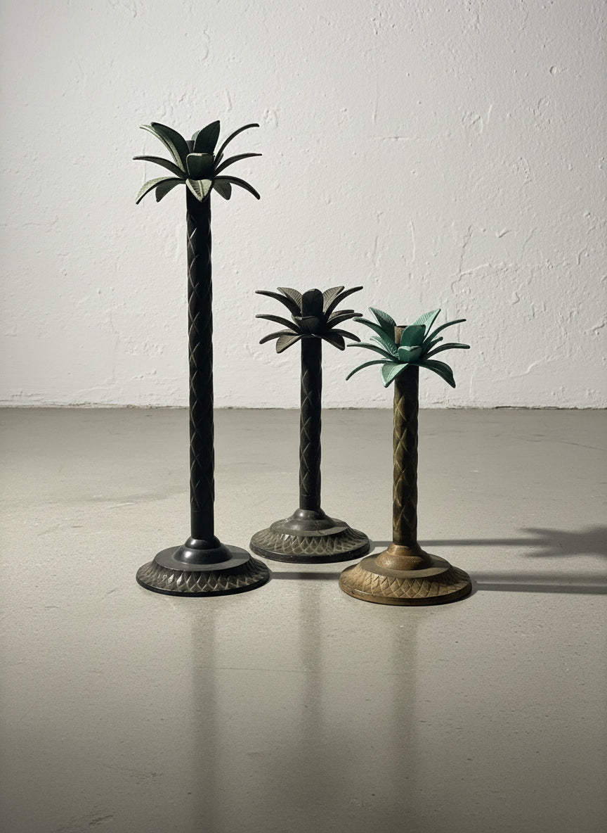 Vintage Palm Tree Metal Candlesticks – Set of 3 Tropical Brutalist Candle Holders