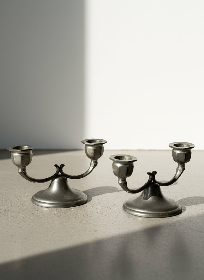 Vintage Pewter Double-Arm Candle Holders – Classic Colonial Pair
