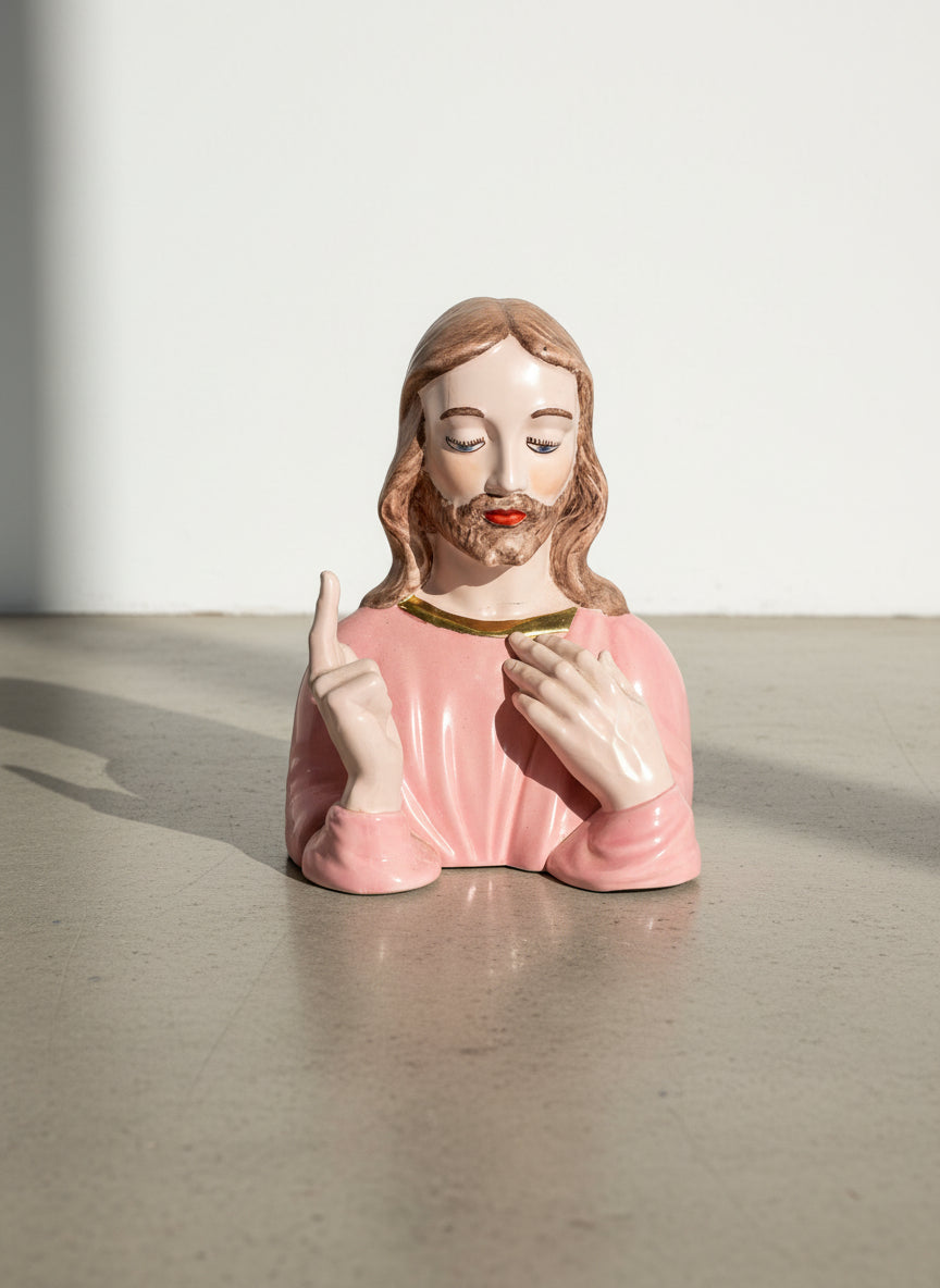 Vintage Pink Ceramic Jesus Bust Statue with Raised Blessing Hand