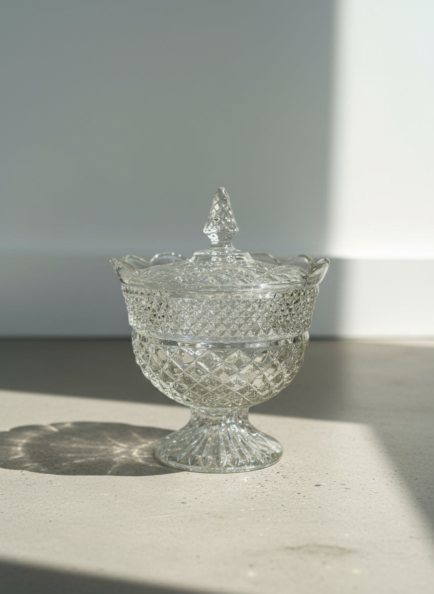 Vintage Pressed Glass Covered Compote Candy Dish with Lid – Diamond Pattern Pedestal Bowl
