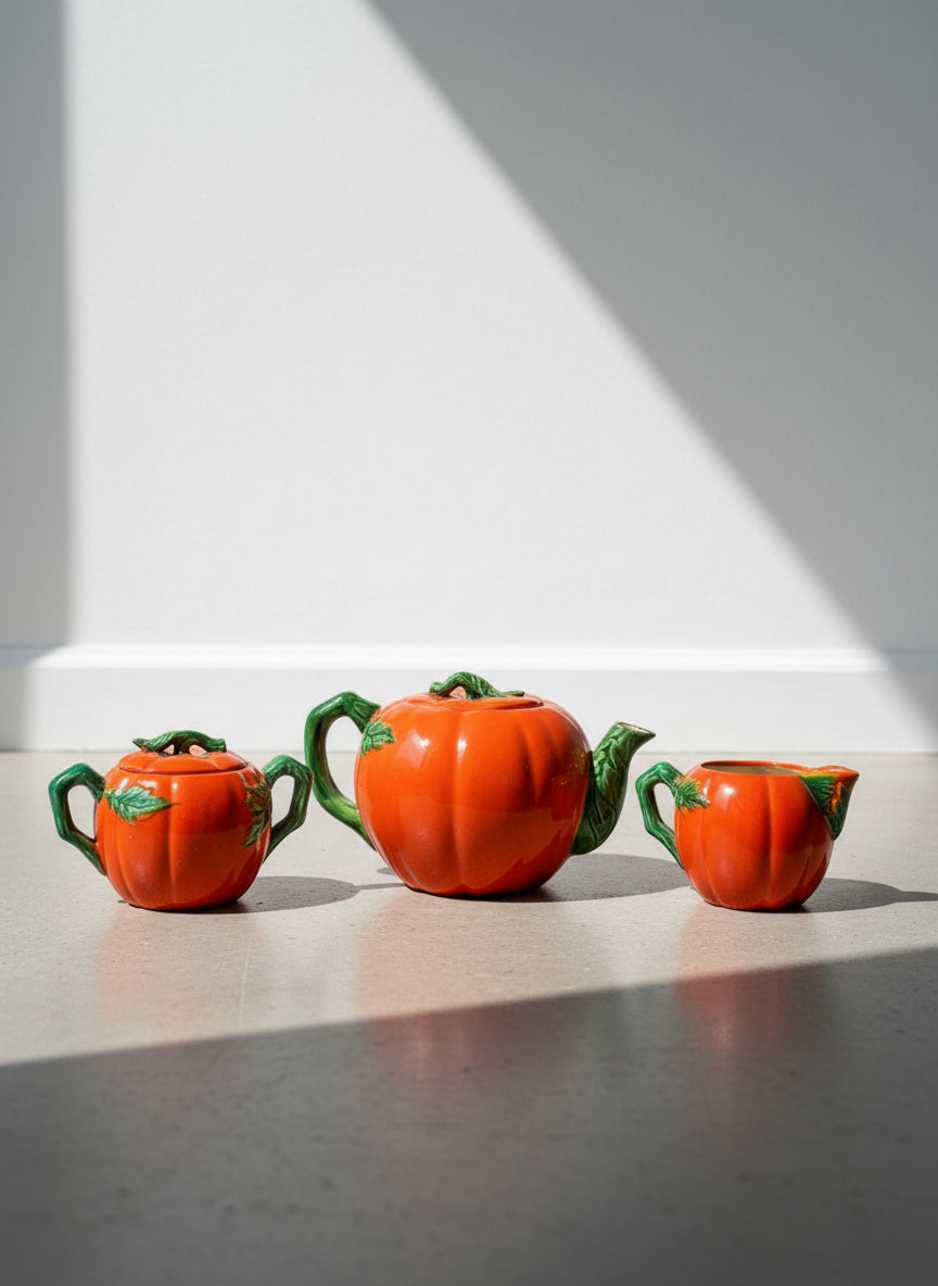 Vintage Hand-Painted Tomato Ceramic Tea Set – Teapot, Lidded Sugar Bowl & Creamer with Sculpted Leaf Handles