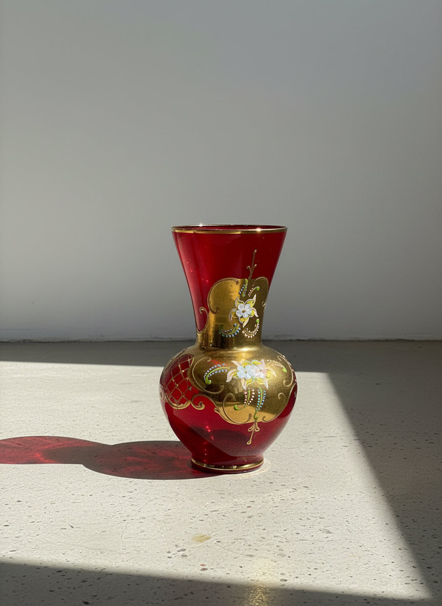 Vintage Italian Ruby Red & Gold Bohemian-Style Enamel Floral Art Glass Vase