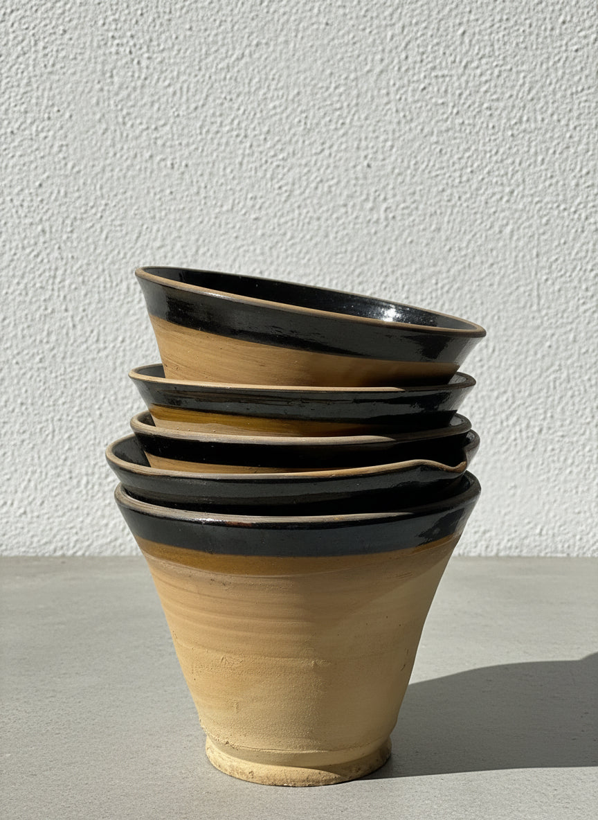 Rustic French Hand-Thrown Terracotta Pots with High-Gloss Black Interior Glaze – Vintage Artisan Pottery